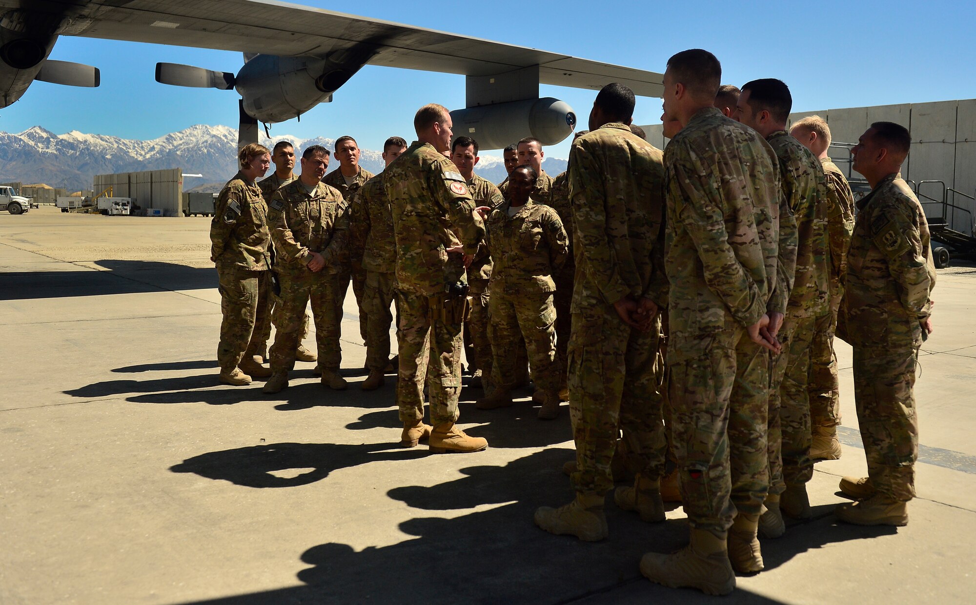 Chief Master Sgt. of the Air Force James Cody speaks with 455th Expeditionary Maintenance Support Group Airmen during a visit to Bagram Air Field, Afghanistan, April 13, 2014. The Airmen are responsible for maintaining C-130's. Cody visited Bagram Air Field during his trip through Afghanistan to encourage, inform and thank Airmen for their hard work supporting Operation Enduring Freedom. His visit to Bagram concluded with a 60-minute question and answer all-call with nearly 500 Airmen. (U.S. Air Force photo by Staff Sgt. Vernon Young Jr.)