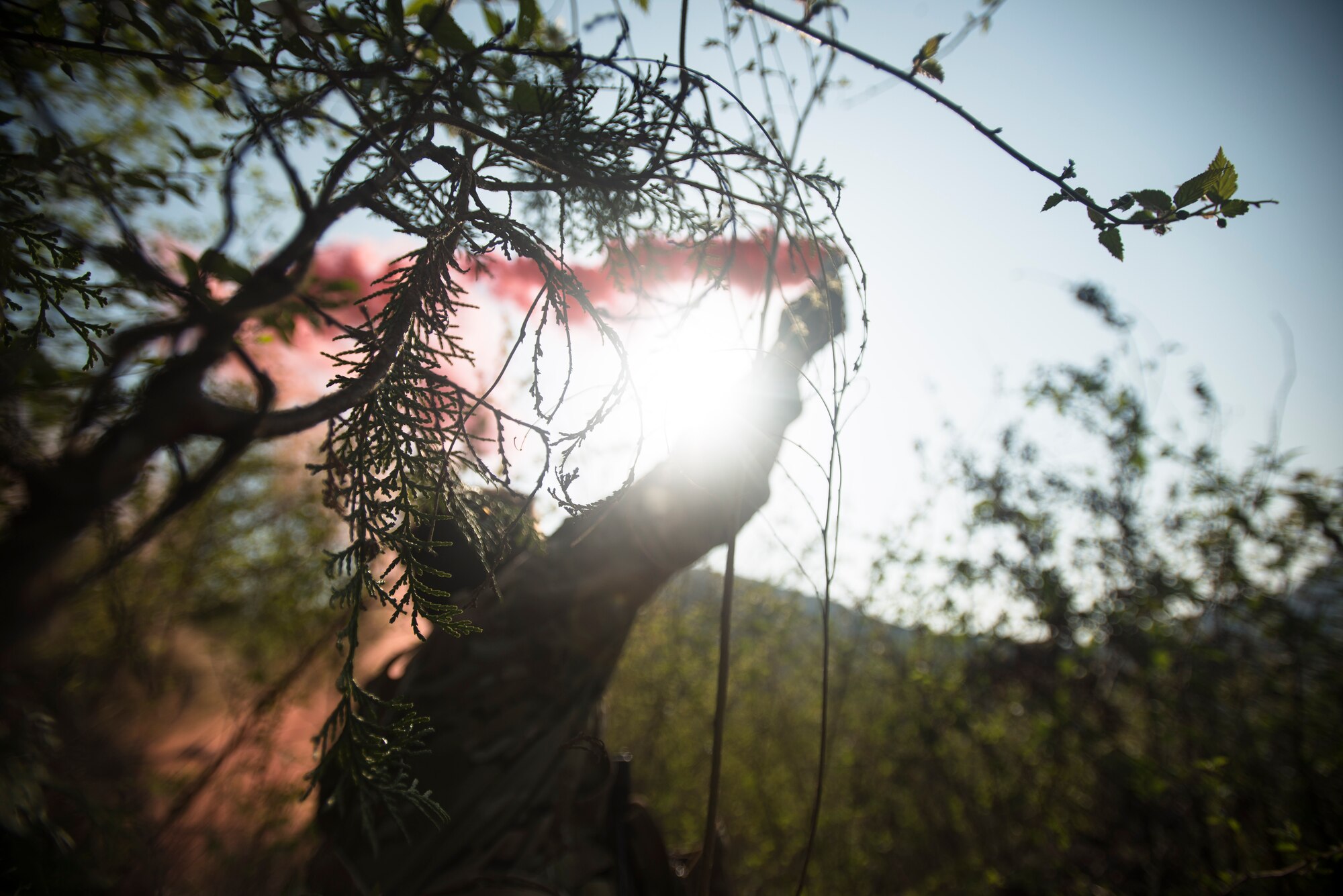Tech. Sgt. Aaron Kuckovic, an 18th Operation Support Squadron Survial, Evasion, Resistance and Escape specialist, sends a smoke signal for an incoming HH-60 Pave Hawk helicopter during exercise Pacific Thunder April 14, 2014, in the Republic of Korea. Pacific Thunder is intended to buttress the United States' and RoK's military readiness, in order to provide stability to the peninsula of South Korea. (U.S. Air Force photo by Staff Sgt. Jake Barreiro)