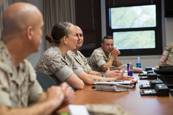 NORFOLK, Va. (April 15, 2014) - Capt. Alissa Tarsuik, Lejeune Leadership Institute mobile training team, discusses communication techniques with fellow officers and staff noncomissioned officers at a "breakout" session during the Marine Corps Leadership Development Workshop April 15. The workshop, based on the Marine Corps Leadership Development draft order, focused on what the new order will entail and how the unit can start their own leadership development program. The new program takes a more holistic approach to development addressed by the Functional Areas of Leadership Development: Fidelity, Fighter, Fitness, Family, Finances and Future. 