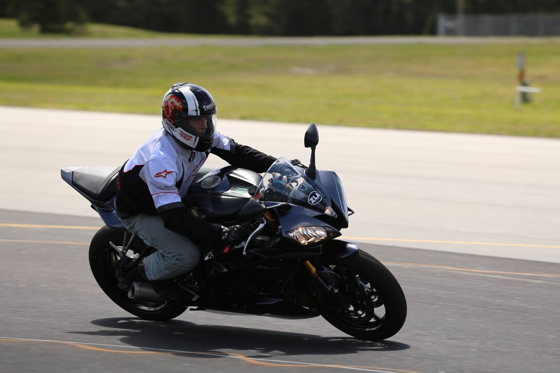 Sgt. Andrew P. Rodriguez rides a 2007 Yamaha R6 during the Advanced Rider Track Day at Marine Corps Air Station Cherry Point, N.C., April 13, 2014. ARTD is a course designed to help motorcycle riders hone skills essential for maintaining motorcycle safety. Rodriguez is a career planner with Headquarters and Service Battery, 2nd Low Altitude Air Defense Battalion.  