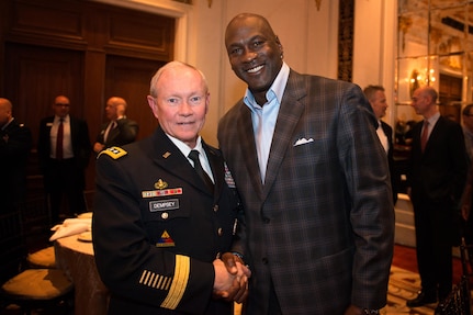 Army Gen. Martin E. Dempsey, chairman of the Joint Chiefs of Staff, and Michael Jordan, majority owner of the Charlotte Bobcats, at the National Basketball Association’s board of governors meeting in New York City, April 17, 2014.