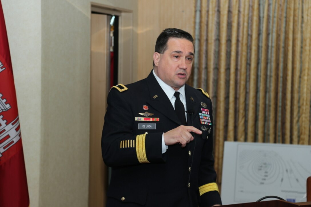 April 9, 2014 - Brig. Gen. Duke DeLuca, President of the Mississippi River Commission, addresses local partners, stakeholders and residents during the Commission's High Water Inspection Trip Public Meeting in Greenville, Miss., aboard the Motor Vessel Mississippi.  

