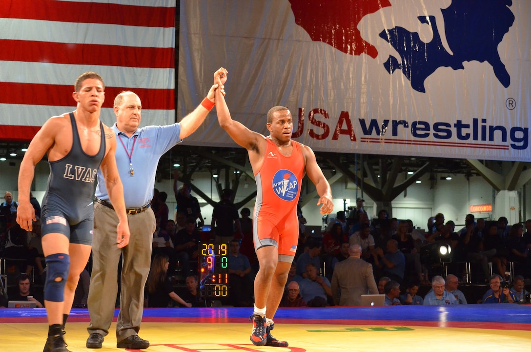 Two-time World medalist and 2012 Olympian Army Sergeant Justin Lester wins the national title in the 71kg/156.5lbs Greco-Roman finals.