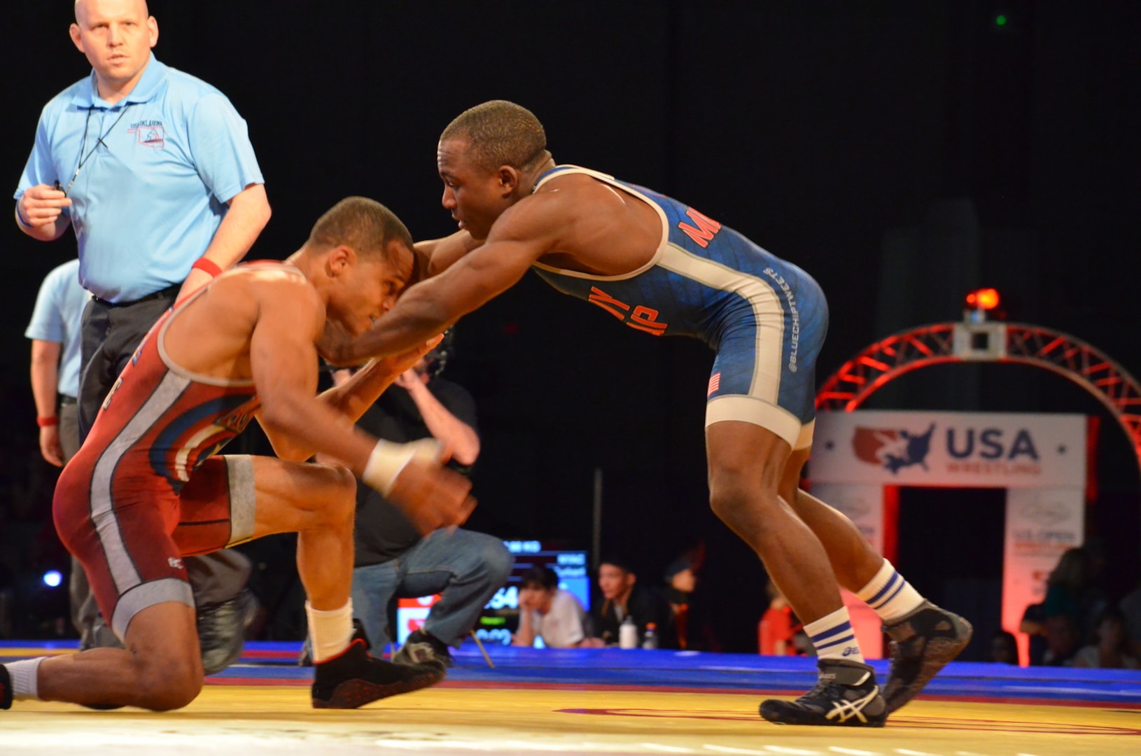 Army Sergeant Spenser Mango (right) wrestles against Army teammate Specialist Jermaine Hodge in the 59 kg/130 lbs Men's Greco-Roman Division.  Mango won his 6th National Greco-Roman title and Hodge placed third overall.