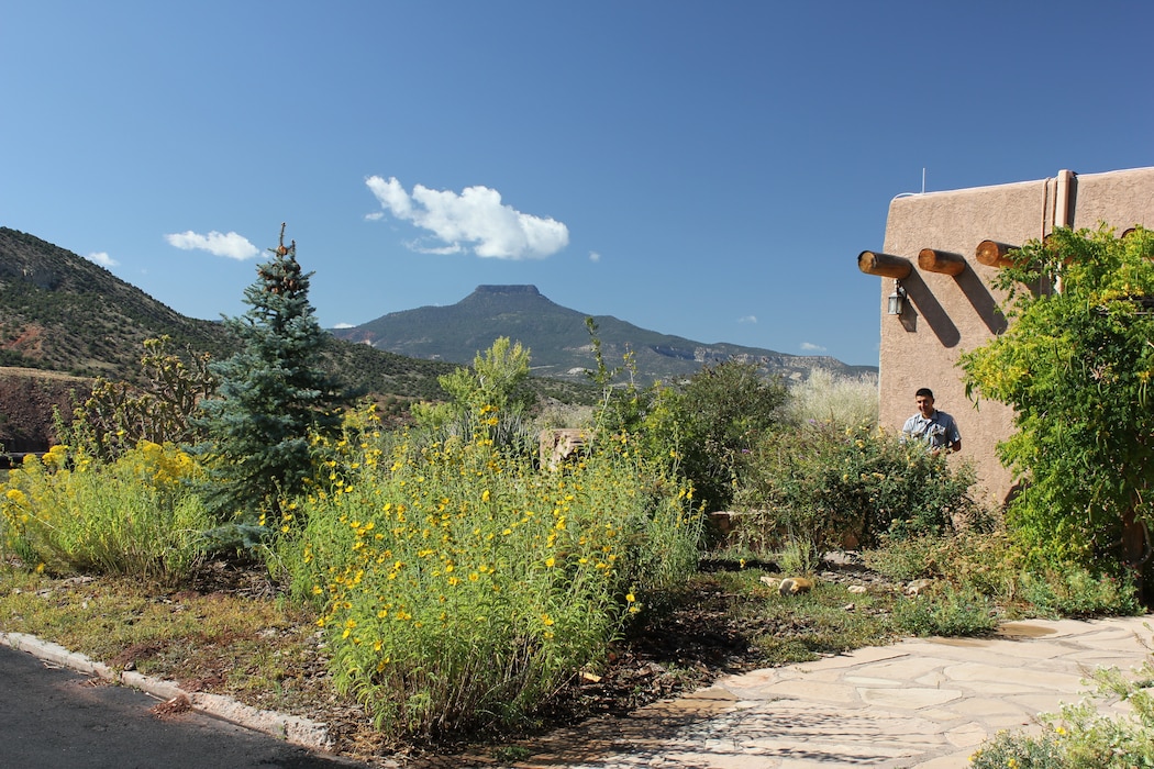 ABIQUIU DAM, N.M., -- The District’s Abiquiu project office with the Cerro Pedernal in the background on Sept. 26, 2012. Photo by Ariane Pinson.