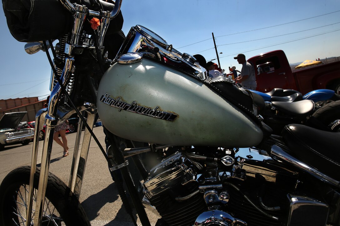 Lt. Col. Steven De Lazaro, Assistant Chief of Staff, Marine Corps Community Services, entered his ’99 Harley-Davidson into the Chief’s S&S Car Show April 12, 2014. More than 30 Combat Center service members and community members entered the show.
