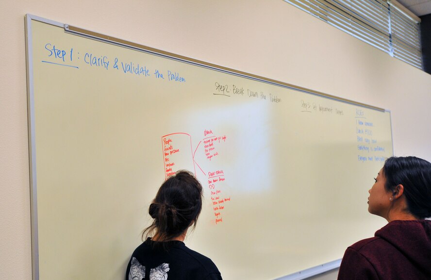 2nd Lt. Helen Park works with Airman 1st Class Mary Cannon to make lists for each of the eight steps in the Air Force Smart Operations for the 21st century event where the Airmen learned to apply eight-step process to promote awareness of underage drinking, April 15, 2014, at Fairchild Air Force Base, Wash. The AFSO21 principles and tools enable Airmen to change the day-to-day operating style to integrate continuous improvement into the full spectrum of Air Force operations, and can be applied to any aspect of the mission. Park is the 92nd Maintenance Squadron Fabrication Flight officer in charge, and Cannon is 92nd MXS metals technician. (U.S. Air Force photo by Staff Sgt. Veronica Montes/Released)