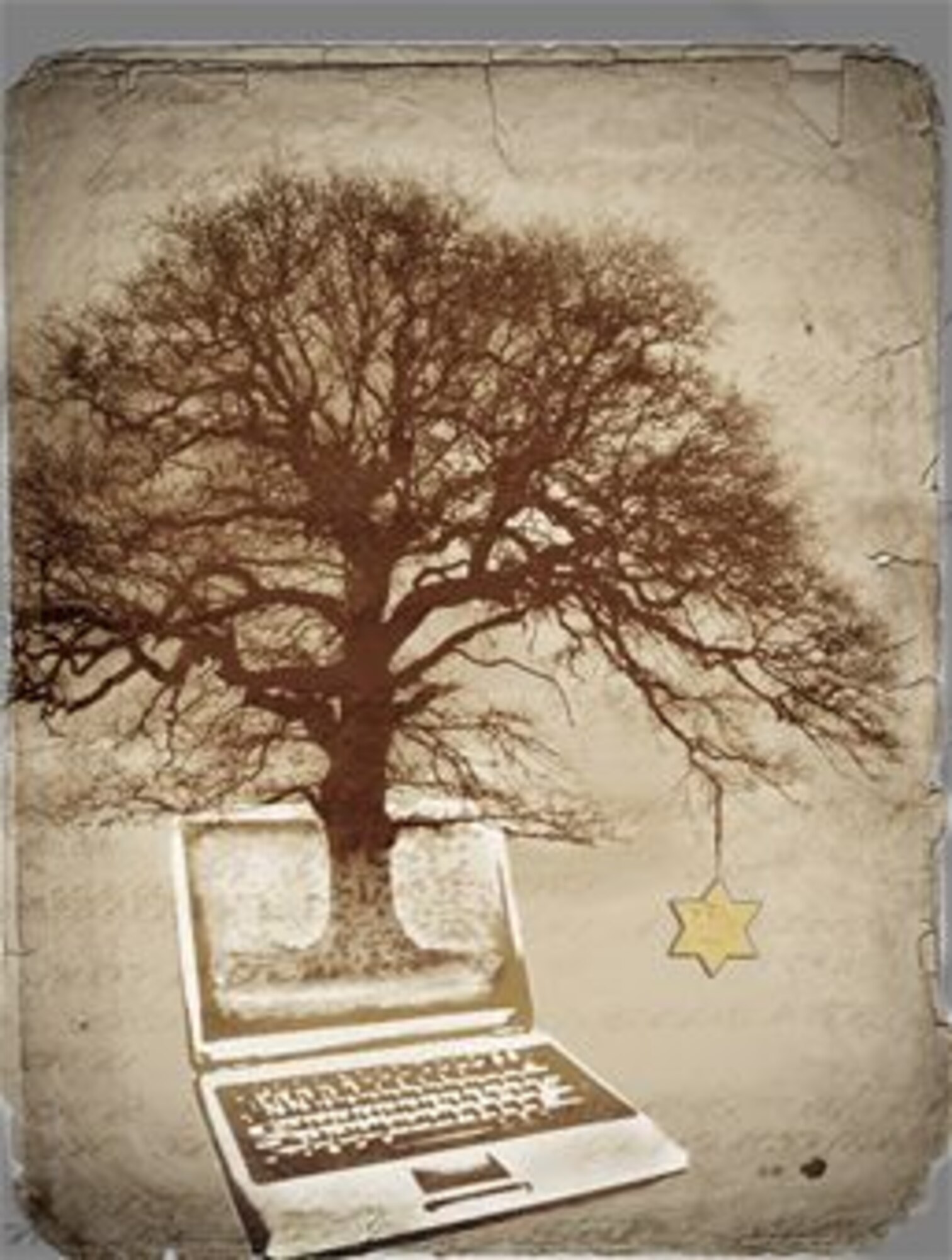 Illustration depicting the use of online search engines to search for relatives that were affected by the Holocaust.