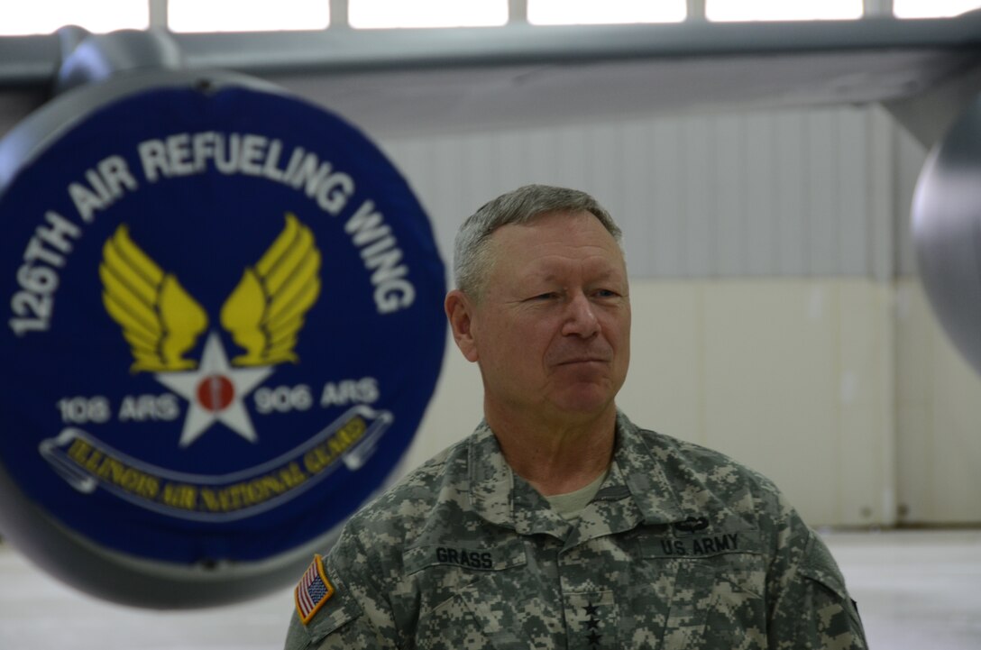 General Frank J. Grass, Chief, National Guard Bureau, visits Airmen of the 126th Air Refueling Wing, Scott Air Force Base, Ill., April 9, 2014. The 126 ARW, assigned to the Illinois Air National Guard, performs aerial refueling missions with the KC-135R Stratotanker in support of U.S. military and allied aircraft. (Air National Guard photo by Senior Airman Elise Stout )
