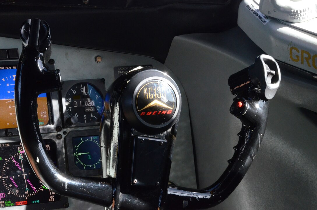 The copilots steering yoke awaits input aboard a KC-135R Stratotanker assigned to the 126th Air Refueling Wing, April  16, 2014. USSTRATCOM relies on various task forces for the execution of its global missions, including space operations, information operations, missile defense, global command and control; intelligence, surveillance and reconnaissance (ISR); global strike and strategic deterrence, and combating weapons of mass destruction. The 126 ARW, an Illinois Air National Guard unit stationed at Scott Air Force Base, supports USSTRATCOM's global strike and strategic deterrence missions through aerial refueling with the KC-135R Stratotanker to deter regional and strategic threats from adversaries with ground warfare capabilities. (Air National Guard photo by Senior Airman Elise Stout)