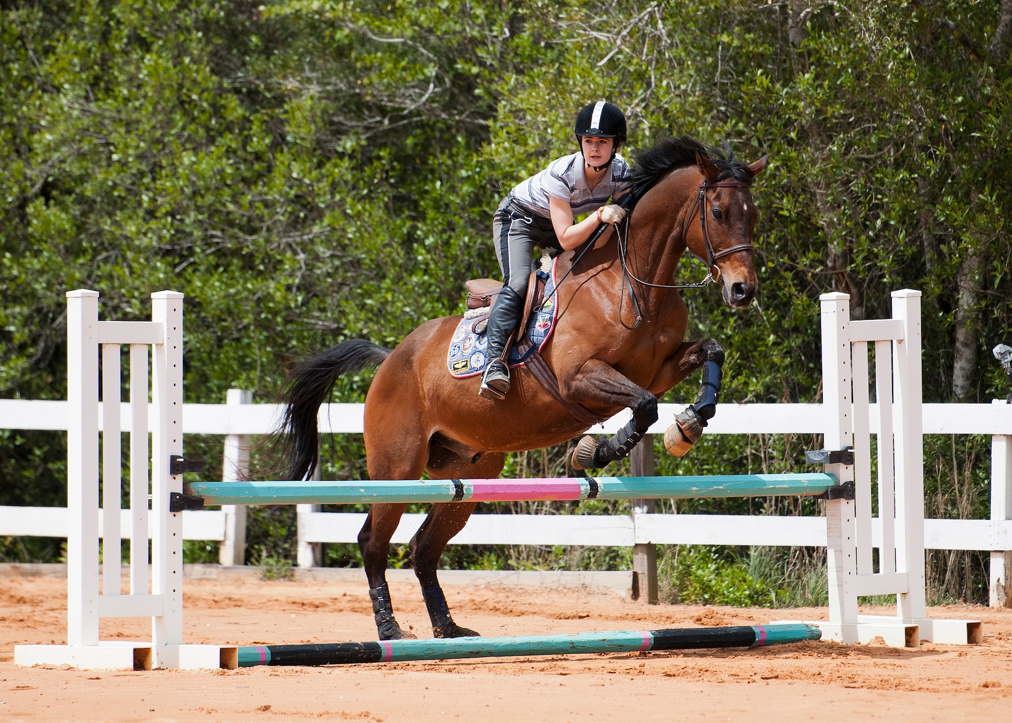 Wren SanClemente and her horse jump over a barrier during a jumping demonstration at the Sand and Spur Riding Club open house event April 19 at Eglin Air Force Base, Fla. The club provided pony rides for kids and riding and training demonstrations. Those who attended got an up close and hands-on experience with many of the different breeds of horses housed at the stables on base. (U.S. Air Force photo/Samuel King Jr.)