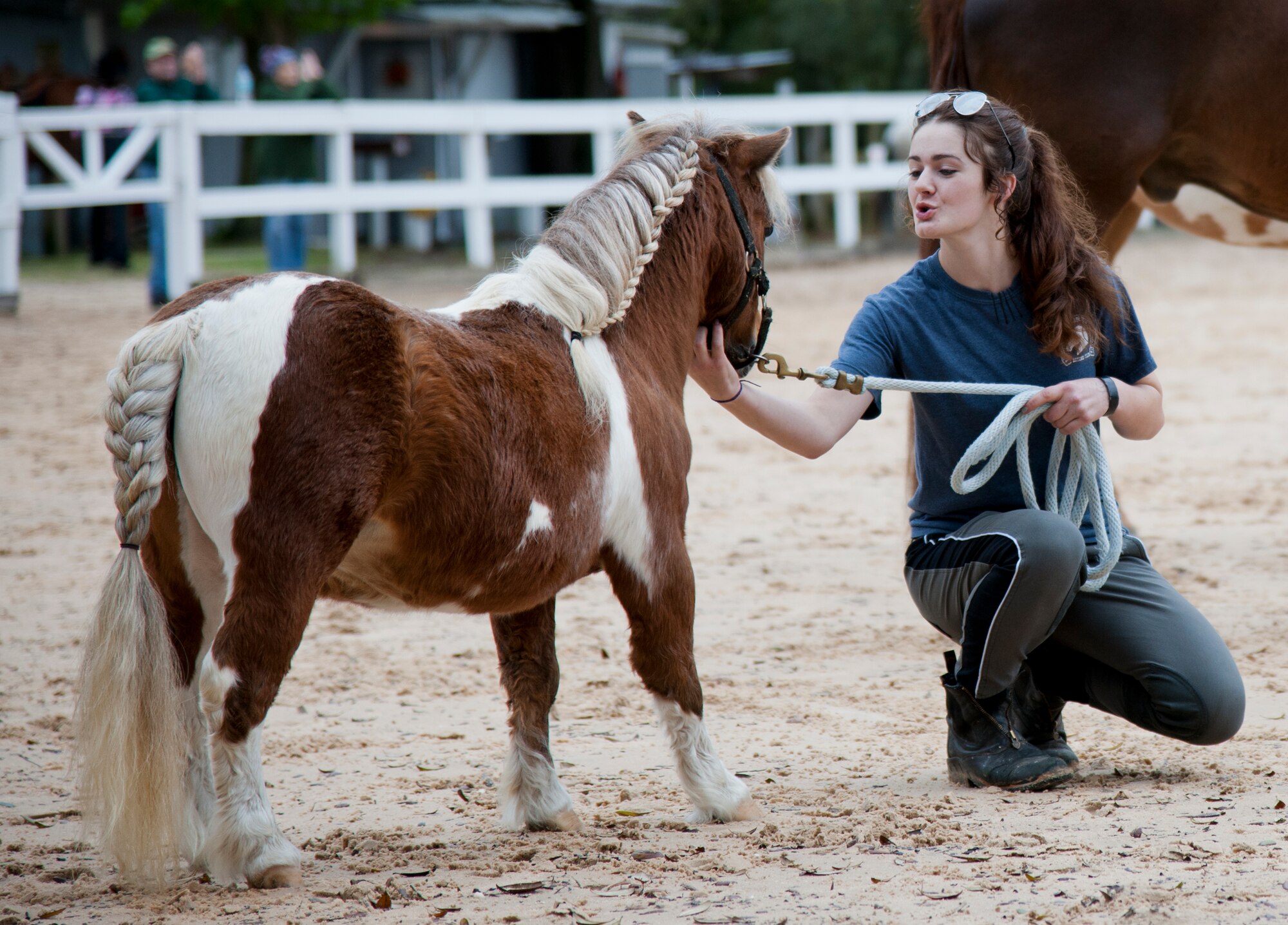 A miniature horse gets a welcome scratch under the chin from her owner at the Sand and Spur Riding Club open house event April 19 at Eglin Air Force Base, Fla.  The club provided pony rides for kids and riding and training demonstrations. Those who attended got an up close and hands-on experience with many of the different breeds of horses housed at the stables on base. (U.S. Air Force photo/Samuel King Jr.)