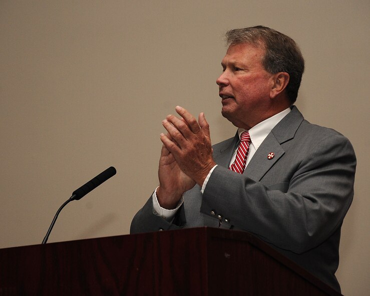 Retired Army Gen. Charles ?Hondo? Campbell applauds veterans in attendance during the 36th Annual Veterans, Prisoner of War, Missing in Action and Purple Heart Luncheon on Barksdale Air Force Base, La., April 18, 2014. During his speech, Campbell spoke about the sacrifices men and women of the Armed Forces have gone through over the years. (U. S. Air Force photo/Staff Sgt. Sean Martin)