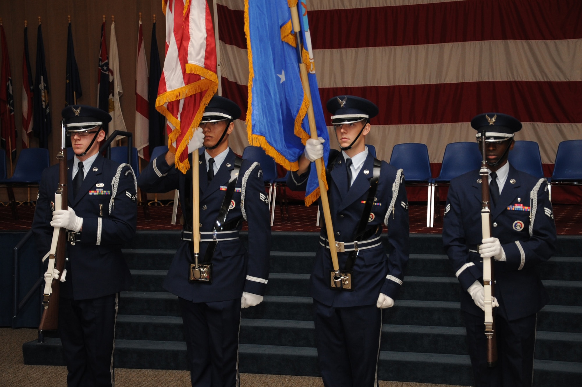 Barksdale Honor Guard members present the colors during the 36th Annual Veterans, Prisoner of War, Missing in Action and Purple Heart Luncheon on Barksdale Air Force Base, La., April 18, 2014. The luncheon was held to honor those who served, are missing in action and have been prisoners of war. (U.S. Air Force photo/Staff Sgt. Sean Martin)