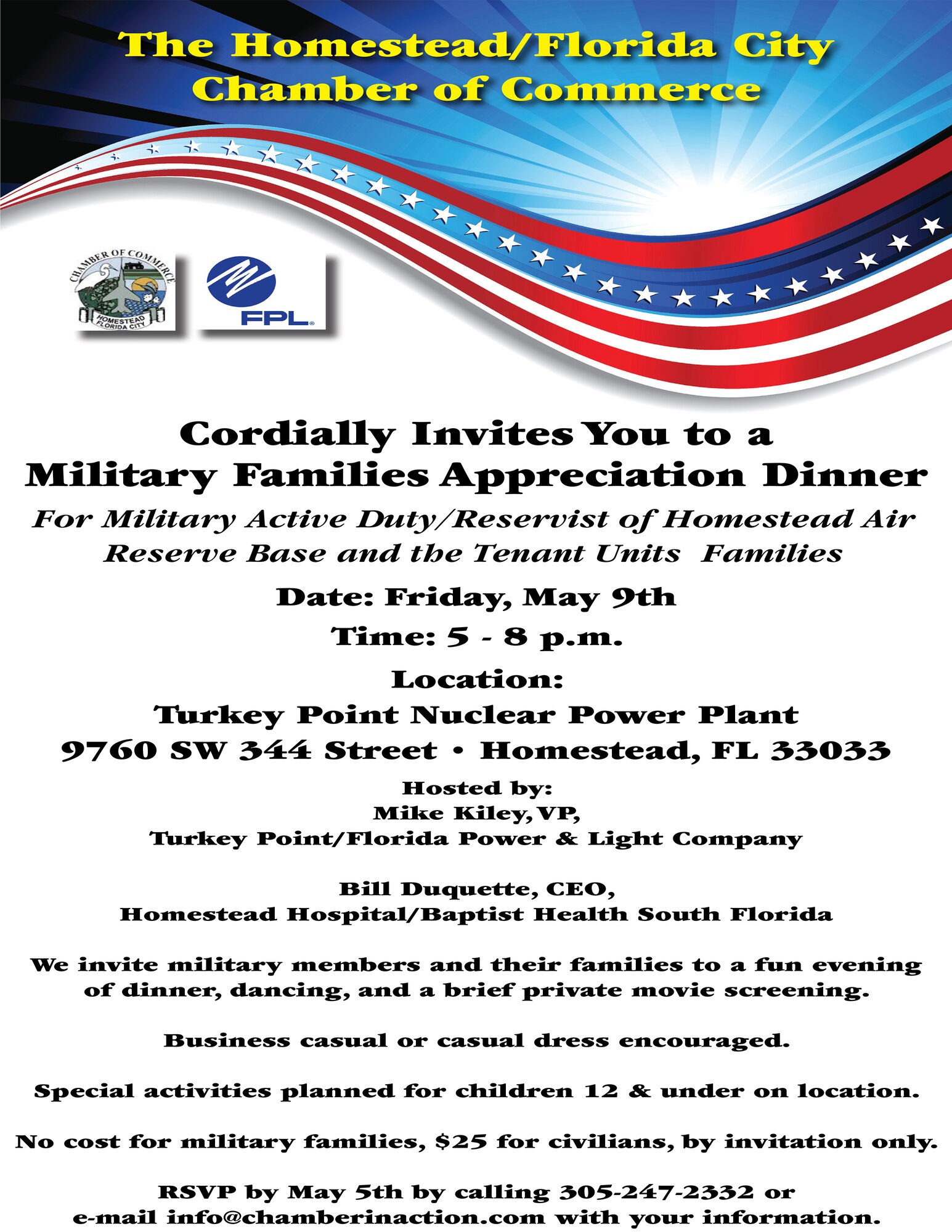The Homestead/Florida City Chamber of Commerce and Florida Power & Light Company cordially invites you to a Military Families Appreciation Dinner for military active duty/reservist of Homestead Air Reserve Base and the tenant units families on May 9th at 5-8 p.m. (Courtesy graphic)
