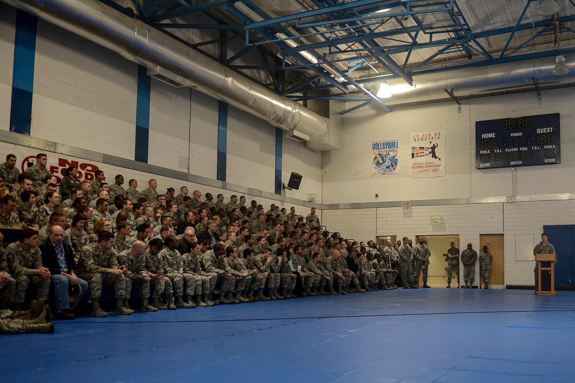 Colonel Kyle Robinson, 48th Fighter Wing commander, delivers a briefing during  the Sexual Assault and Prevention Response down day on Royal Air Force Lakenheath, England, April 18, 2014. Sexual Assault Awareness Month is held during the month of April to raise awareness of sexual assault and inform victims where to get help if needed. (U.S. Air Force photo by Airman 1st Class Trevor T. McBride/Released)