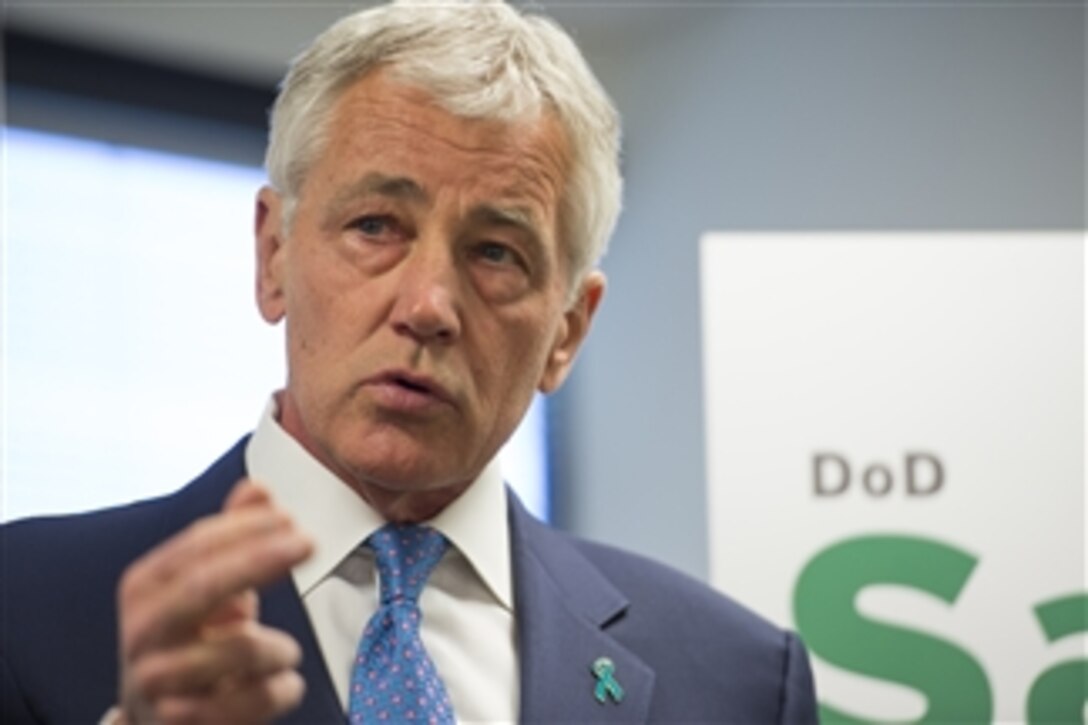 Defense Secretary Chuck Hagel speaks to members of the Rape, Abuse & Incest National Network at the organization's headquarters in Washington, D.C., April 21, 2014. The organization, known as RAINN, operates the Defense Department's Safe Helpline, which provides support for sexual assault.