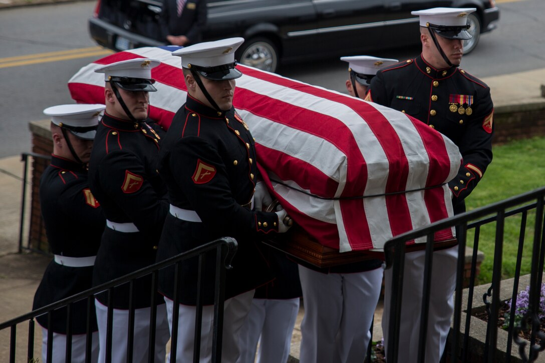 Body Bearers from Marine Barracks Washington, D.C., carry the casket of Gen. Carl E. Mundy, 30th commandant of the Marine Corps, during his funeral service in Waynesville, N.C., April 19, 2014. Mundy served as commandant from 1991-1995. (Official Marine Corps photo by Cpl. Larry Babilya/Released) 