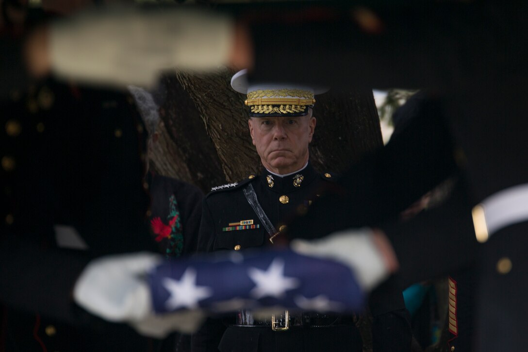 Gen. James F. Amos, commandant of the Marine Corps, presided over the funeral of Gen. Carl E. Mundy, 30th commandant of the Marine Corps, in Waynesville, N.C., April 19, 2014. Mundy served as commandant from 1991-1995. (Official Marine Corps photo by Cpl. Larry Babilya/Released)
