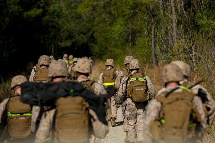 Marines with 2nd Maintenance Battalion, 2nd Marine Logistics Group hike through backwoods during a super squad competition aboard Camp Lejeune, N.C., April 17, 2014. Six squads competed against each other in multiple events while carrying approximately 60 pounds of gear. (U.S. Marine Corps photo by Cpl. Shawn Valosin)