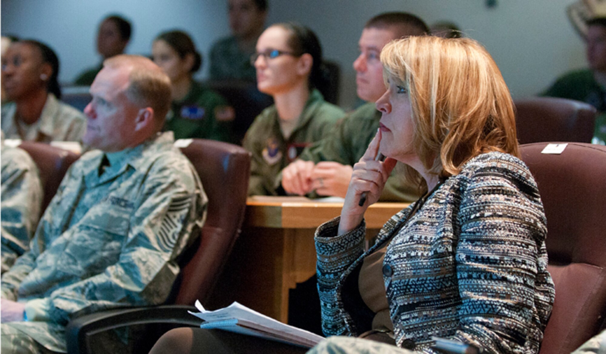 Secretary of the Air Force Deborah Lee James listens to the 90th Operations Group’s pre-departure given to missile combat crews prior to their going on alert Jan. 21, 2014 at F.E. Warren Air Force Base, Wyo. James and Chief Master Sgt. of the Air Force James Cody visited the 20th Air Force and 90th Missile Wing to learn about the ICBM mission. (U.S. Air Force photo/R.J. Oriez)