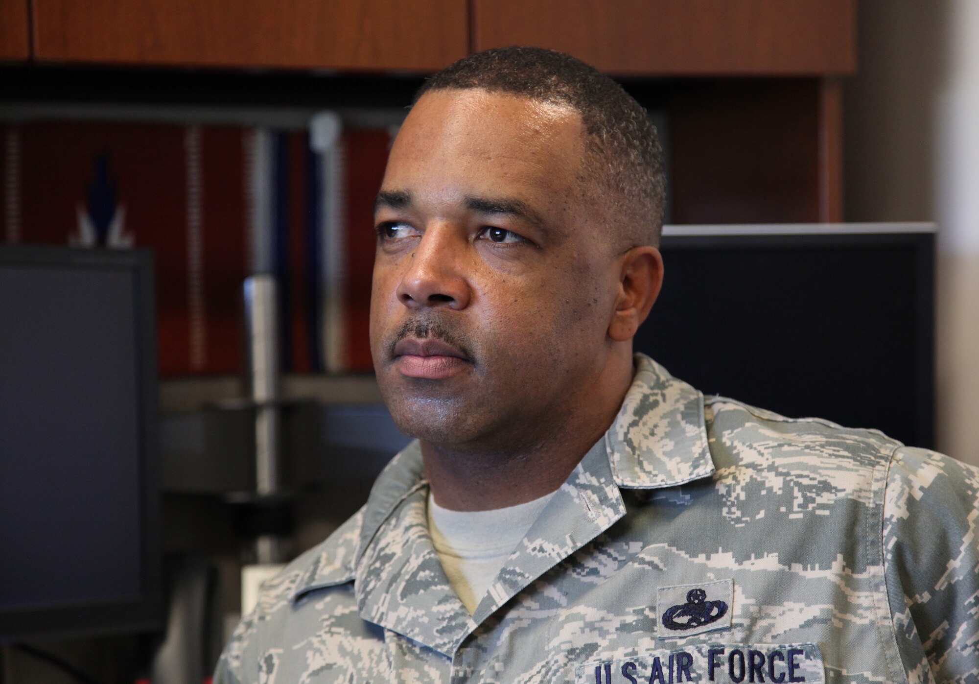 TRAVIS AIR FORCE BASE, Calif. -- Chief Master Sgt. Timothy White, Jr., tapped for command chief position at the 452nd Air Mobility Wing, March Air Reserve Base, Calif. (U.S. Air Force photo / Lt Col Robert Couse-Baker)