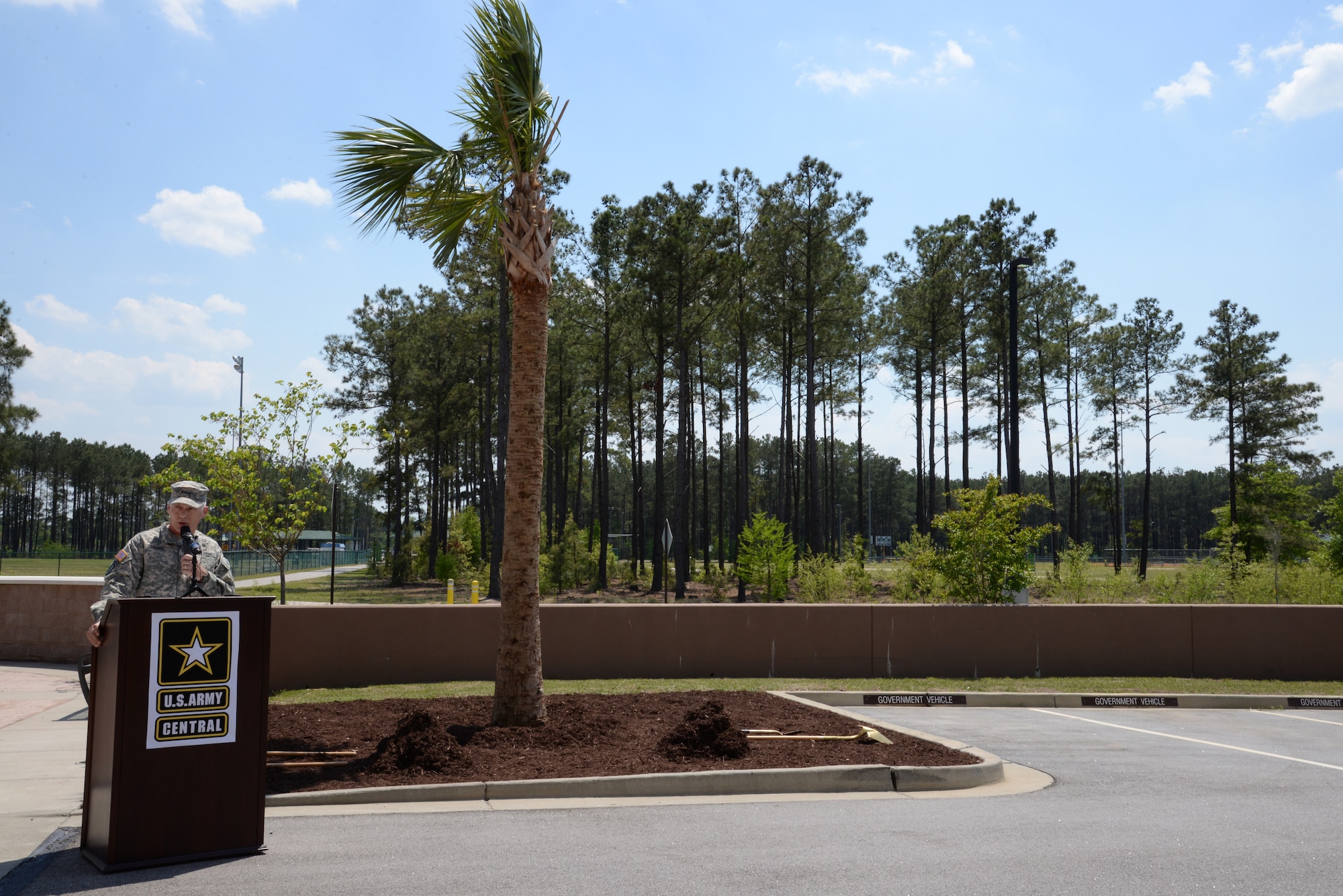 U.S. Army Lt. Gen. James Terry, U.S. Army Central commander, delivers opening remarks during a Team Shaw Earth Day recognition event at Shaw Air Force Base, S.C., April 22, 2014. Terry gave a brief history of the Palmetto Palm trees significance as the state tree of South Carolina, which dates back to the revolutionary war. (U.S. Air Force photo by Airman 1st Class Jonathan Bass/Released)