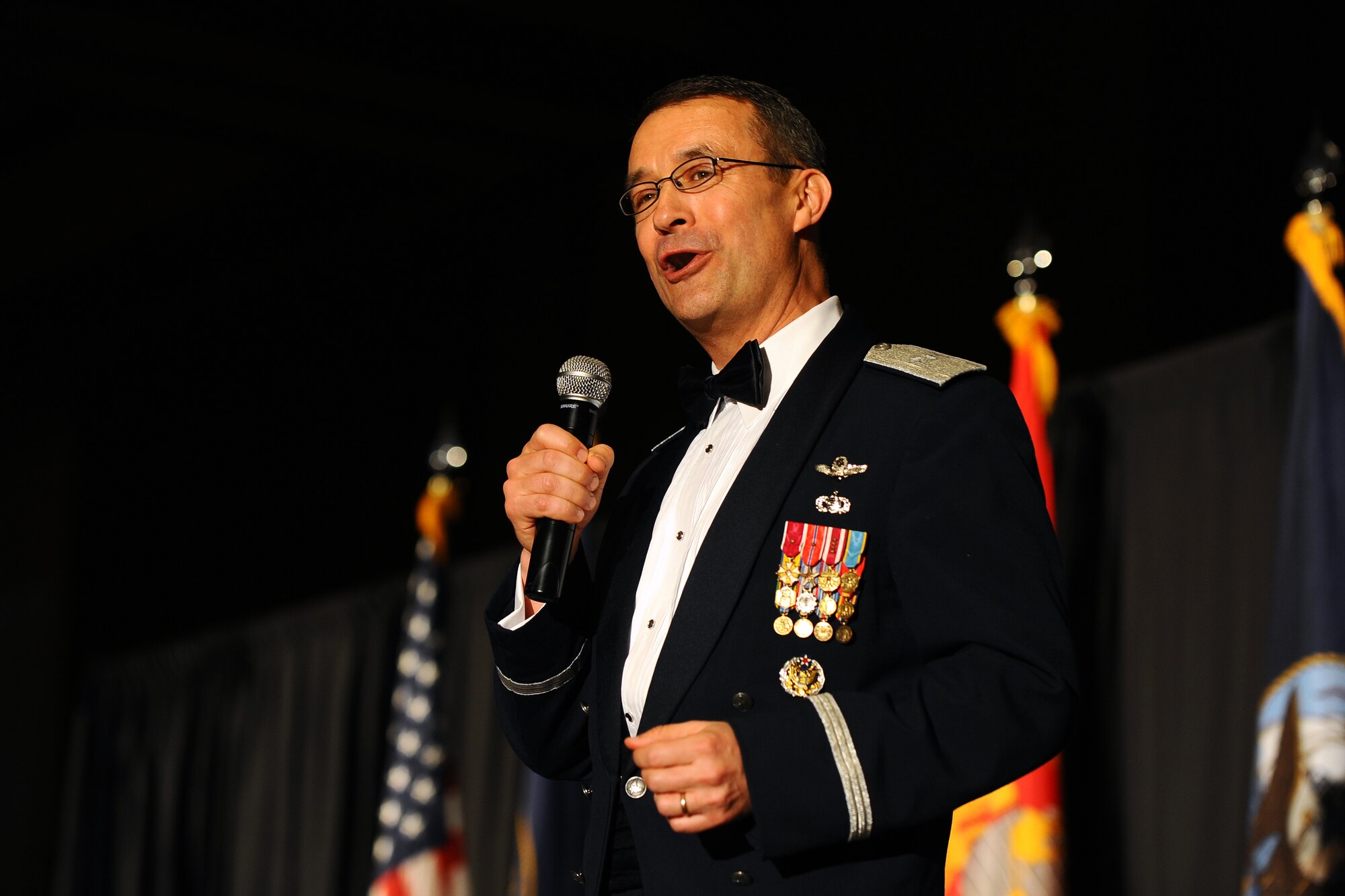 U.S. Air Force Brig. Gen. Donald Bacon, Director of Intelligence, Surveillance and Reconnaissance Strategy, Plans, Doctrine and Force Development at the Air Force A2 Headquarters, Pentagon, Washington D.C., and former 55th Wing commander gave the keynote speech at the 2014 Wing Birthday Ball held at the Embassy Suites Hotel in LaVista, Neb, April 12. Bacon has long been a staple officer at the 55th Wing and his speech showcased his knowledge of both wing history and significance to the war-fighting mission.  (U.S. Air Force photo by Josh Plueger/Released)