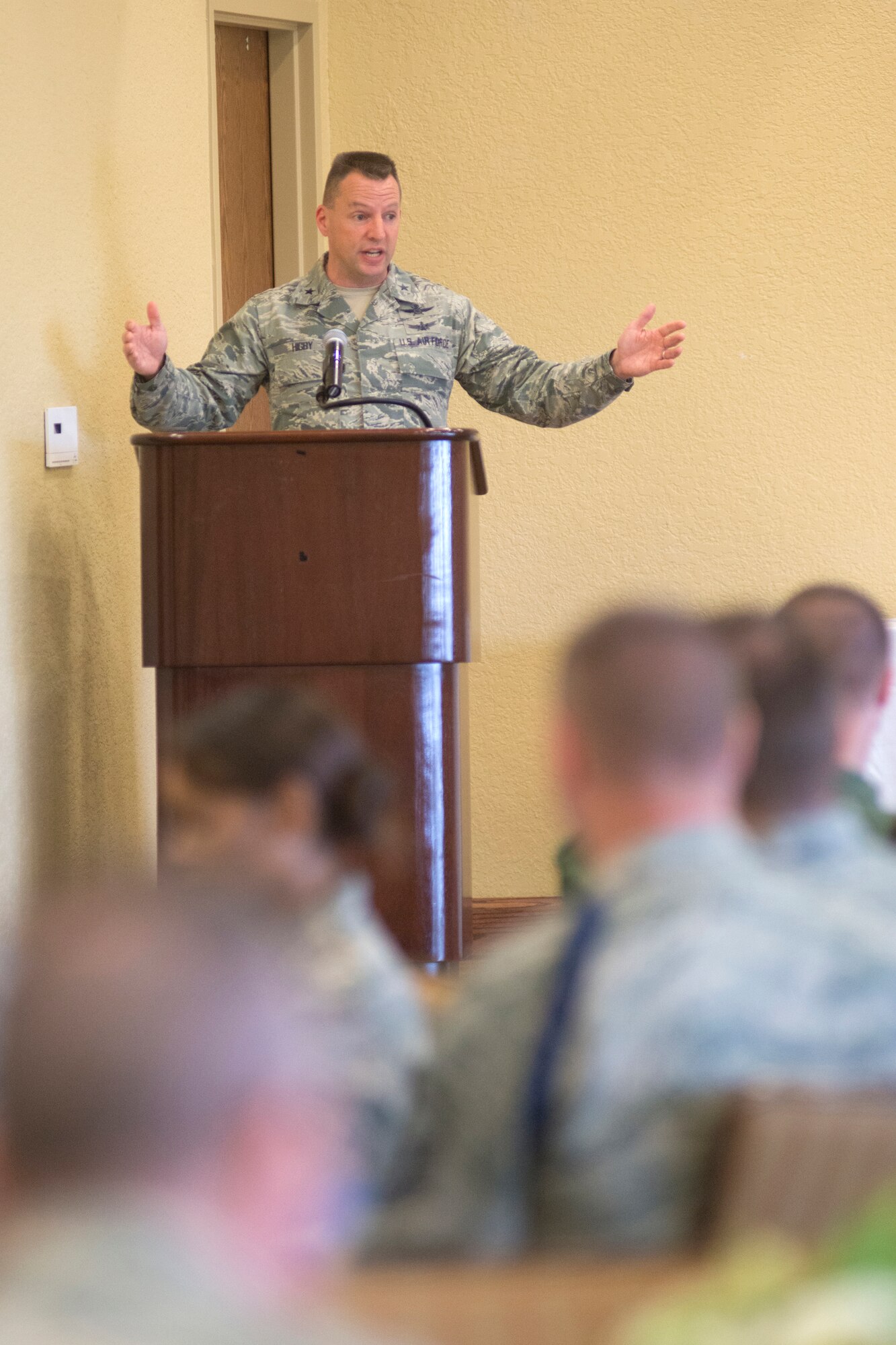 Brig. Gen. Patrick Higby, 81st Training Wing commander, delivers the keynote address during the Mississippi Special Olympics kickoff luncheon April 17, 2014, at the Bay Breeze Event Center, Keesler Air Force Base, Miss.  The purpose of the event was to encourage Keesler personnel and base leadership to volunteer for the games which will be held May 9-11. (U.S. Air Force photo by Adam Bond) 