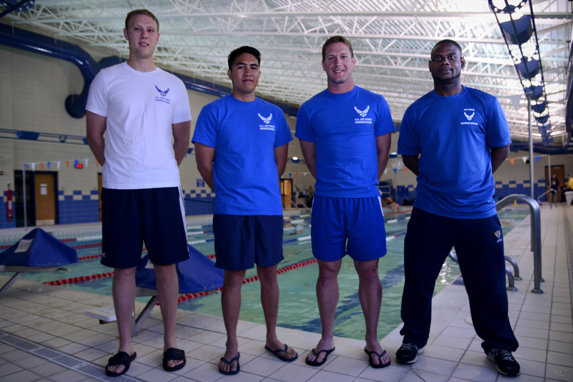 U.S. Air Force Senior Airman Michael Napier, Air Combat Command aircraft armaments journeyman, Staff Sgt. Derrick David, former munitions technician and current member of the 633rd Inpatient Squadron, Capt. Mitchell Kieffer, ACC staff operations research analyst, and Dwayne Parker, security forces veteran and current military police assistant at Fort Eustis, were selected to represent the Air Force and Joint Base Langley-Eustis in the Warrior Games, Sept. 28 through Oct. 4, and the Invictus Games, Sept. 10 through 14. The Warrior and Invictus Games are a set of Paralympic-style competitions including several modified sports. (U.S. Air Force Photo Illustration by Airman 1st Class Devin Scott Michaels/Released)