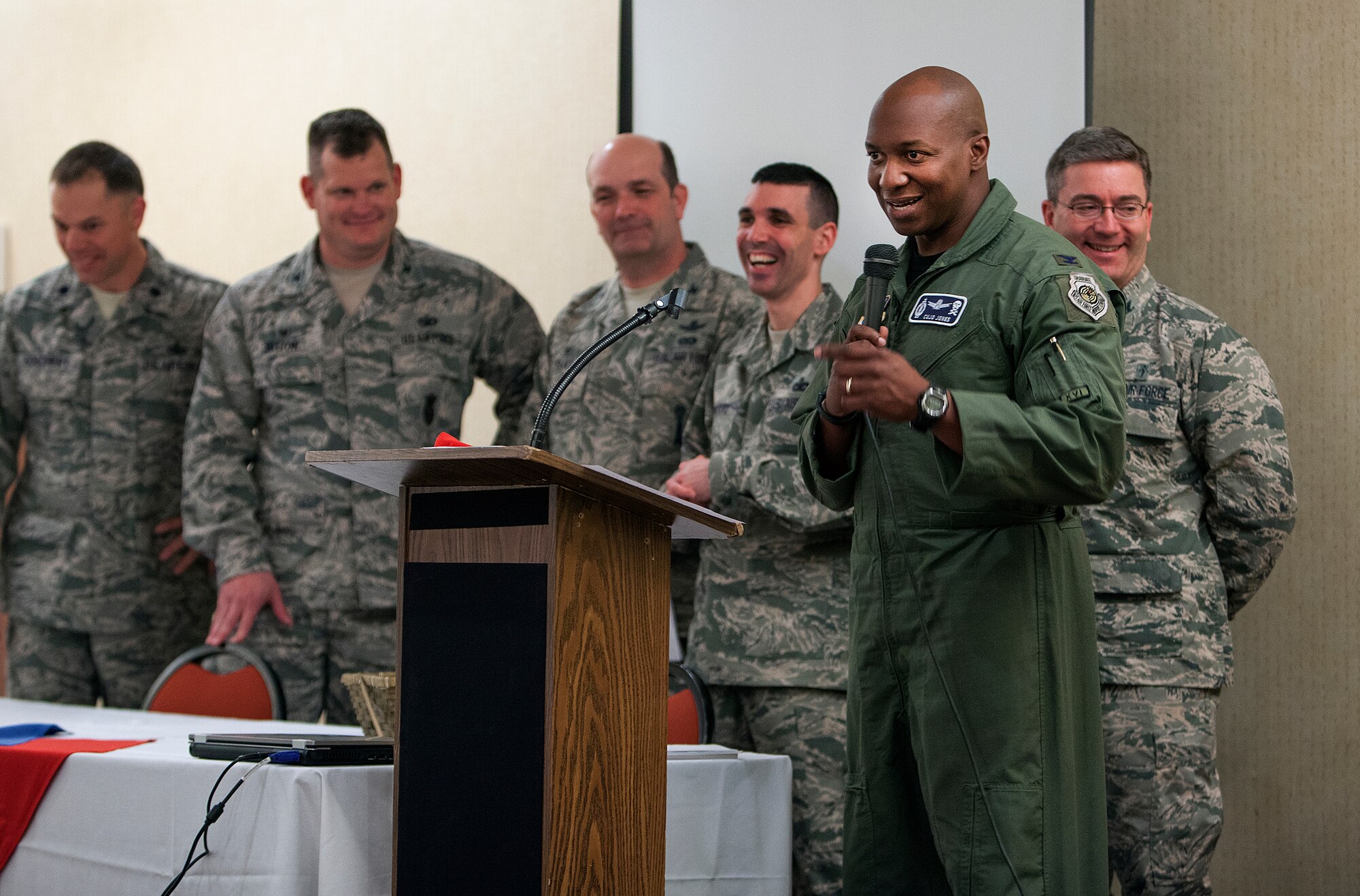 Col. Carl Jones, 90th Operations Group commander, explains the 90th OG’s mission during presentation to the Cheyenne Chamber of Commerce Military Affairs Committee April 18, 2014. (U.S. Air Force photo by R.J. Oriez)
