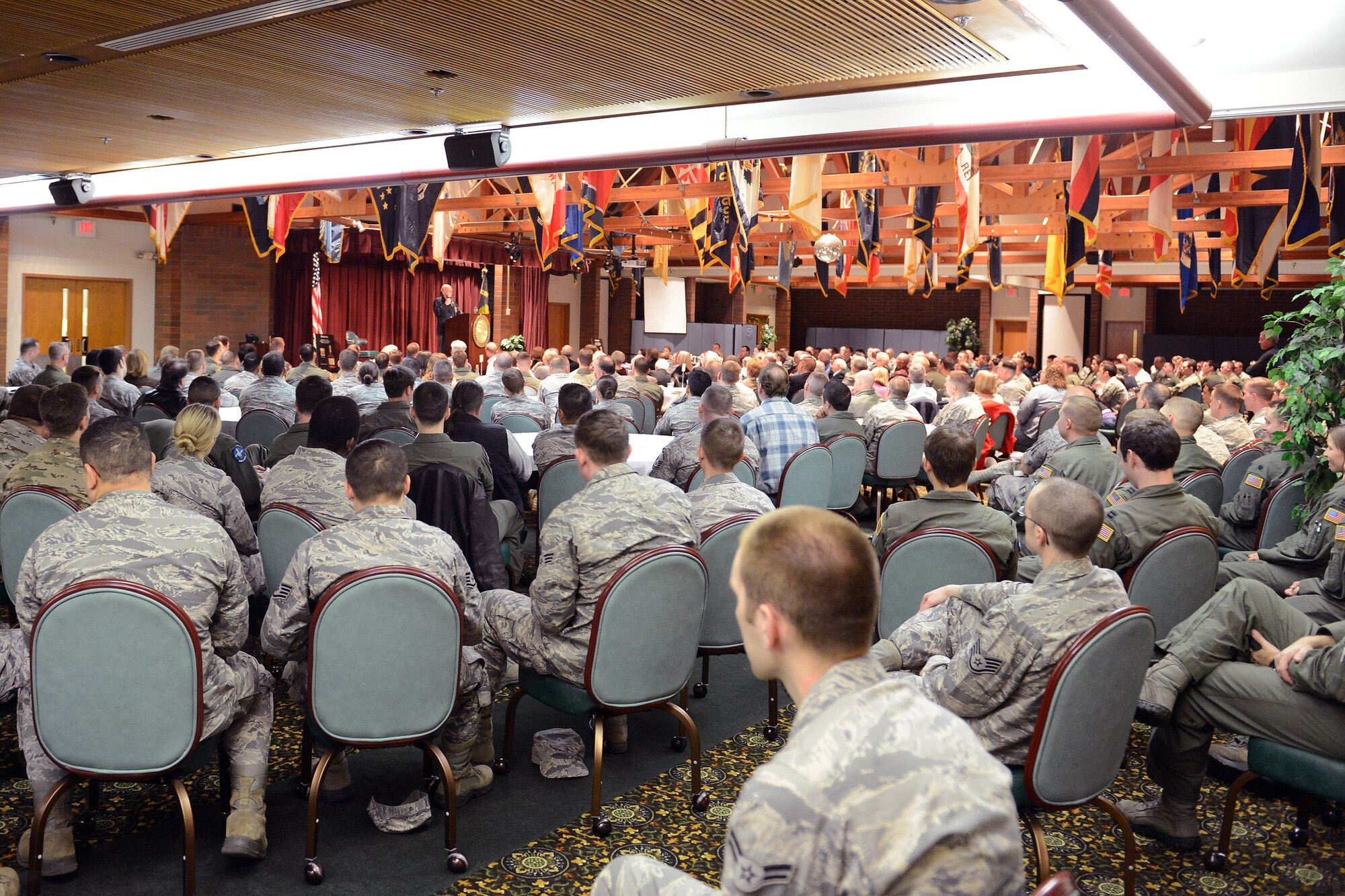 More than 200 Airmen listen to retired Lt. Col. Ed Saylor’s speech during a ceremony in honor of the 72nd anniversary of the Doolittle Raid April 18, 2014, at Joint Base Lewis-McChord, Wash. Saylor served as an engineer gunner during the raid on Tokyo, Japan. (U.S. Air Force photo/Airman 1st Class Jacob Jimenez) 