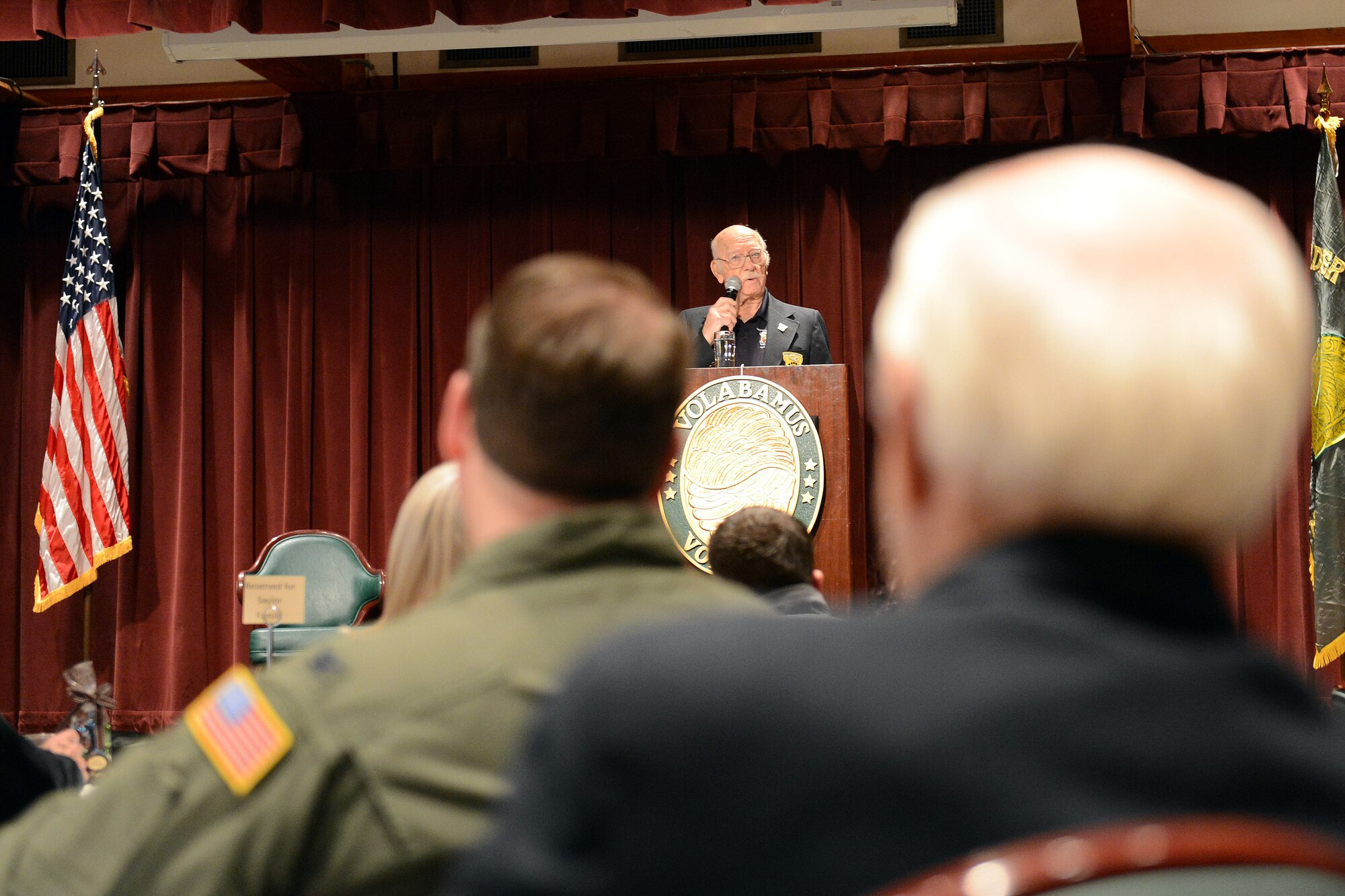 Retired Lt. Col. Ed Saylor speaks to Airmen during a ceremony in honor of the 72nd anniversary of the Doolittle Raid April 18, 2014, at Joint Base Lewis-McChord, Wash. Saylor is one of the four remaining Doolittle Raiders. (U.S. Air Force photo/Airman 1st Class Jacob Jimenez)