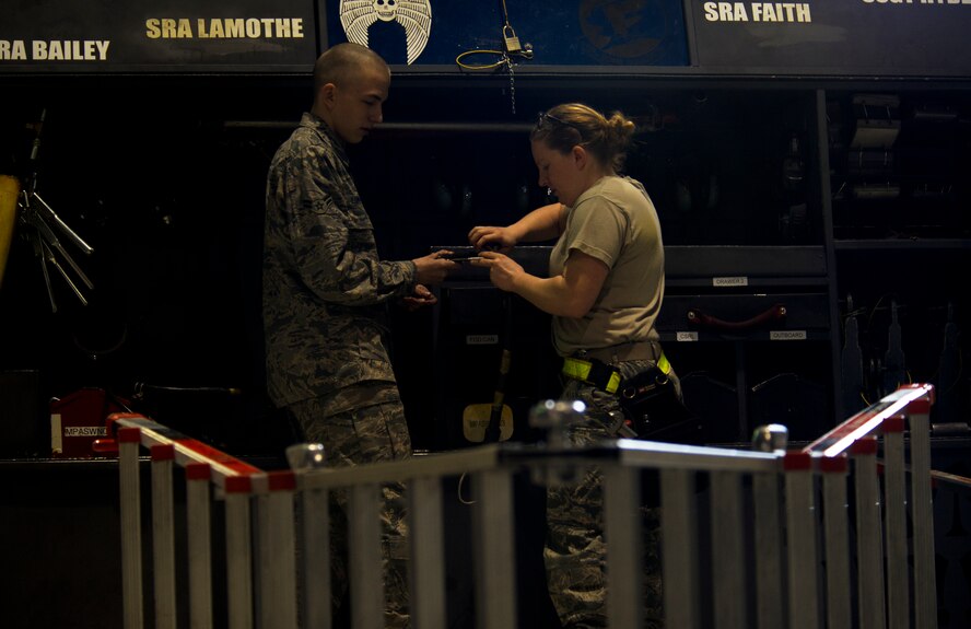Airman 1st Class Dustin Lumpkin and Senior Airman Kasey Castor, 5th Aircraft Maintenance Squadron weapons load crew members, prepare their tool kits before a weapons-loading competition begins at Minot Air Force Base, N.D., April 17, 2014. As part of Air Force Global Strike Command, load crews work endlessly to preserve our nation’s security by providing combat-ready forces for nuclear deterrence and global strike operations. (U.S. Air Force photo/Senior Airman Brittany Y. Auld)