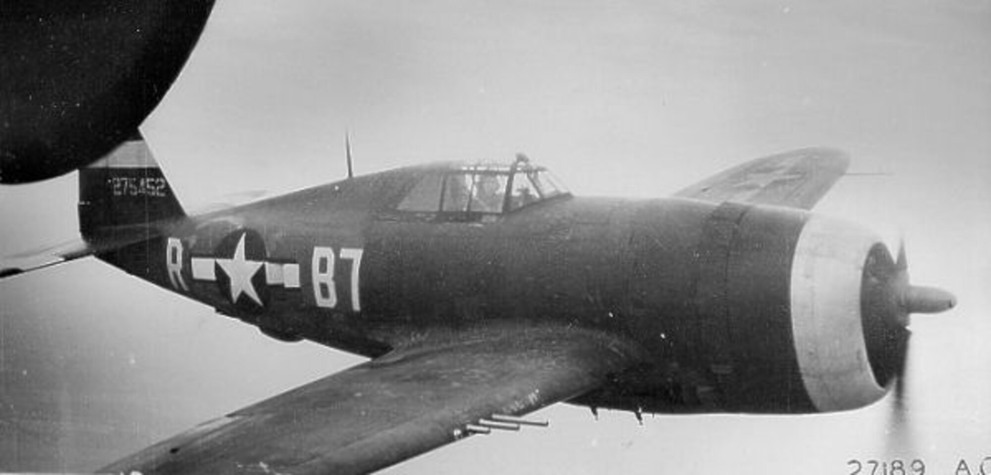 140422-Z-ZZ999-001 -- A P-47 Thunderbolt flown by 1st Lt. Vernon R. Richards is seen in this undated photo from World War II. This aircraft was operated by the 374th Fighter Squadron, 361st Fighter Group, 8th Air Force, at Bottisham Airfield, England, at the time of this photo. The 374th is the direct predecessor of the 171st Air Refueling Squadron, which is now assigned to Selfridge Air National Guard Base, Mich., as part of the Michigan Air National Guard. (Air Force photo)