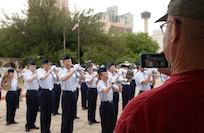 Joint Base San Antonio-Lackland Drum and Bugle Corps, comprised of JBSA-Lackland basic military trainees who have been in the Air Force less than eight weeks, perform at the San Antonio Fiesta 2014 April 21 during Air Force Day at the Alamo. The Fiesta 2014 annual celebration included civic and military observances, street and river float parades, exhibits, sports, music and food representing the spirit, diversity and vitality of San Antonio. (U.S. Air Force photo by Ben Faske)
