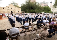 Joint Base San Antonio-Lackland Drum and Bugle Corps, comprised of JBSA-Lackland basic military trainees who have been in the Air Force less than eight weeks, perform at the San Antonio Fiesta 2014 April 21 during Air Force Day at the Alamo. (U.S. Air Force photo by Ben Faske)