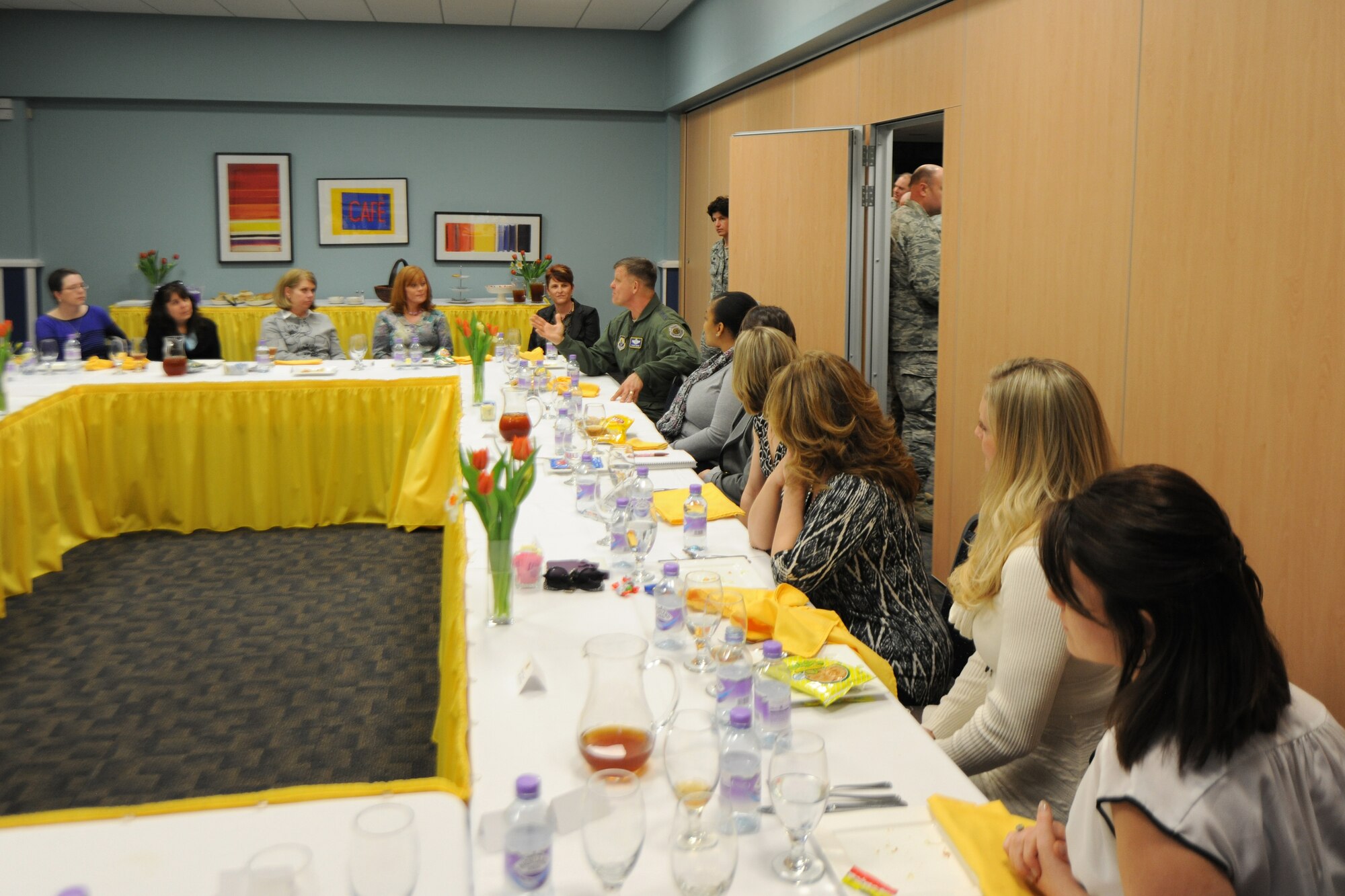 Gen. Frank Gorenc, U.S. Air Forces in Europe and Air Forces Africa commander, speaks with key spouses from across the 501st Combat Support Wing during a luncheon at RAF Alconbury April 15. While near impossible to visit seven installations in the United Kingdom and Norway in one day, Airmen and family members came to RAF Alconbury to highlight the diverse and innovative team that is the 501st CSW. (U.S. Air Force photo by Capt. Brian Maguire)