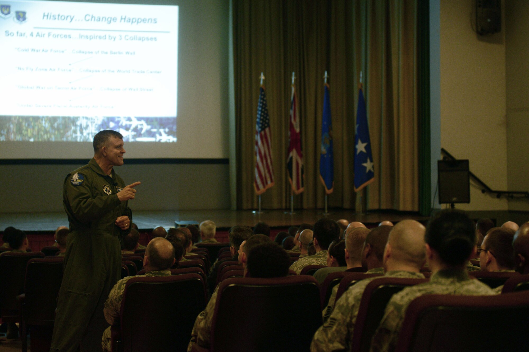 Gen. Frank Gorenc, U.S. Air Forces in Europe and Air Forces Africa commander, speaks to Airmen of the 501st Combat Support Wing about the changes he has seen during his Air Force career and the need to manage change to continue delivering Global Vigilance, Global Reach and Global Power for America. The general met with Airmen from across the 501st CSW during his visit to RAF Alconbury April 15. (U.S. Air Force photo by Tech. Sgt. Chrissy Best)