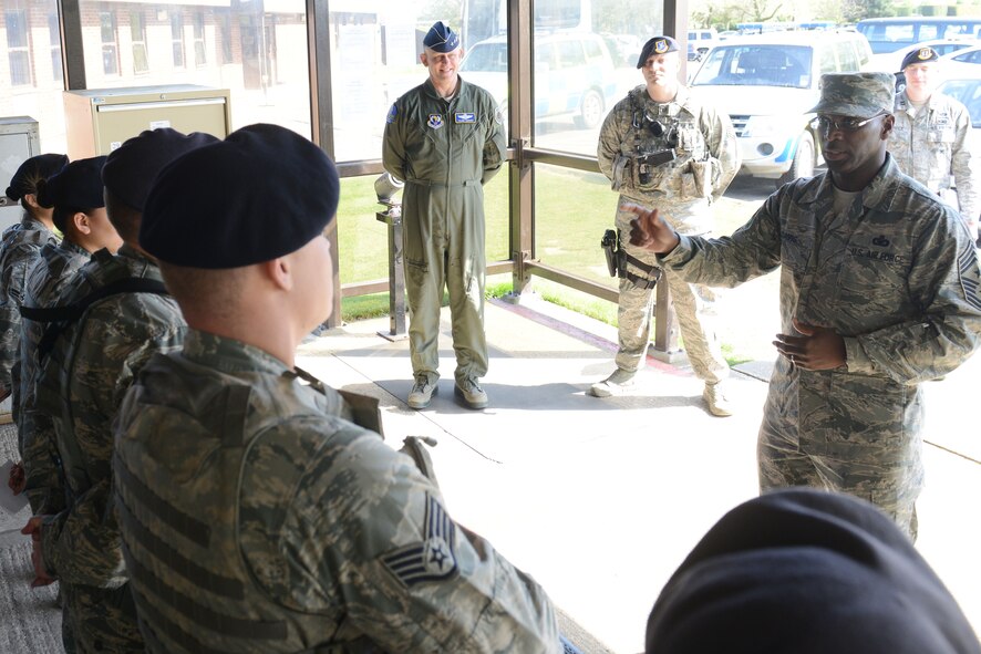 Chief Master Sgt. James Davis, U.S. Air Forces in Europe and Air Forces Africa command chief, speaks to 423rd Security Forces Squadron Airmen during guardmount at RAF Alconbury April 15. The chief shared his perspective on how the Airmen fit into the USAFE-AFAFRICA strategy of Forward, Ready, Now, on his second visit to the 501st Combat Support Wing. (U.S. Air Force photo by Tech. Sgt. Chrissy Best)