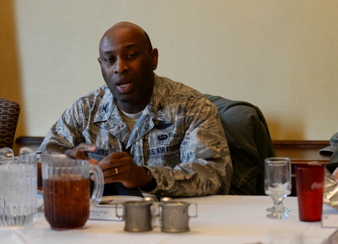 Col. Rickey Rodgers, Air Combat Command Inspector General team chief, speaks to Ellsworth Airmen about the team’s Unit Effectiveness Inspection during a luncheon in the Dakota’s Club at Ellsworth Air Force Base, S.D., April 16, 2014. Rodgers explained that the purpose of the IG team’s visit is to educate, motivate and independently evaluate Ellsworth’s mission effectiveness. (U.S. Air Force photo by Senior Airman Zachary Hada/Released)