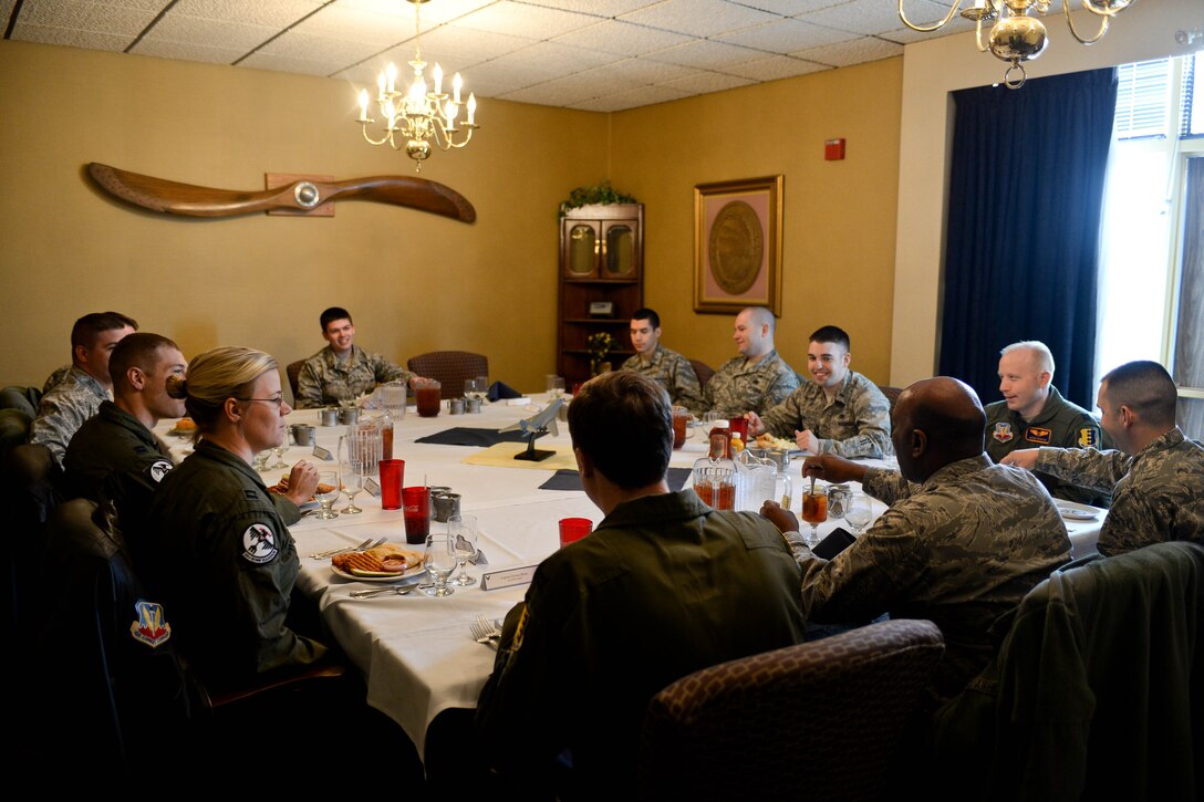 Col. Rickey Rodgers, Air Combat Command Inspector General team chief, speaks to Ellsworth Airmen about the team’s Unit Effectiveness Inspection during a luncheon in the Dakota’s Club at Ellsworth Air Force Base, S.D., April 16, 2014. The inspection allows the IG team to evaluate a number of base operations to ensure compliance and mission readiness. (U.S. Air Force photo by Senior Airman Zachary Hada/Released)