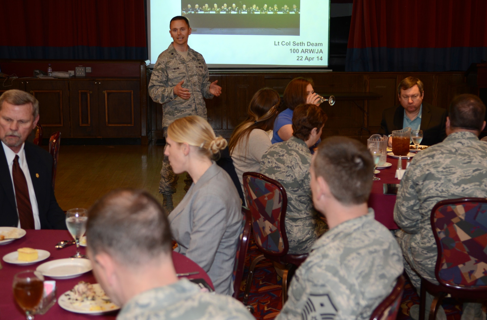U.S. Air Force Lt. Col. Seth Deam, 100th Air Refueling Wing Staff Judge Advocate, speaks to Team Mildenhall leaders, Sexual Assault Prevention and Response office members and Air Force Office of Special Investigations members April 22, 2014, during a military justice and SAPR forum on RAF Mildenhall, England. Deam described the changes to the Uniform Code of Military Justice relating to sexual assault from a bill signed by President Barack Obama in December 2013. (U.S. Air Force photo by Airman 1st Class Dillon Johnston/Released)