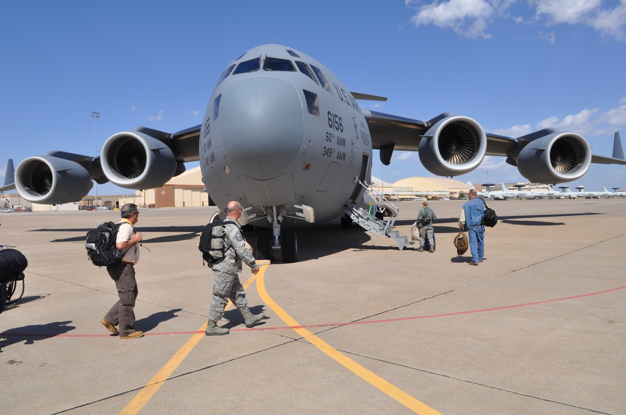 Recently, a C-17 Globemaster on loan from Travis Air Force Base, Calif., left Tinker loaded with equipment needed by the Air Force’s 1st Combat Communications Group at Ramstein Air Base, Germany. Members of Tinker’s Air Traffic Control and Landing Systems Program Office found the solution to getting a 25-foot-long, 20,000 pound trailer, holding the Deployable Tactical Air Naviation System, along with a Humvee-mounted mobile air traffic control tower and a Humvee-based power generator system together known as an MSN-7 Tower Restoral Vehicle across the ocean. (Air Force photo by John Parker)