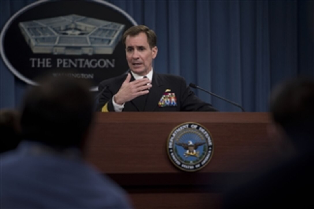 Pentagon Press Secretary Navy Rear Adm. John Kirby briefs the press at the Pentagon, April 22, 2014. Kirby answered questions regarding the upcoming joint exercises between the United States and Poland as well as also addressing Defense Secretary Chuck Hagel's upcoming trip to Mexico and Guatemala.