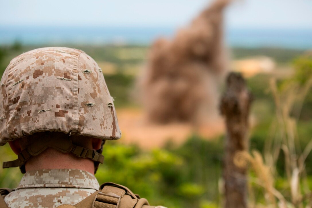A Marine observes an explosion from a safe distance April 15 during a four-day basic demolition training course at Camp Schwab. With the safety of Marines paramount, properly knowing how to handle and detonate explosives can be the difference between life and death during training and real-world operations, according to Sgt. Shawn D. Olewiler, a combat engineer with Marine Wing Support Squadron 172, Marine Aircraft Group 36, 1st Marine Aircraft Wing, III Marine Expeditionary Force. The Marines participating in the training are with various units assigned to III MEF. 