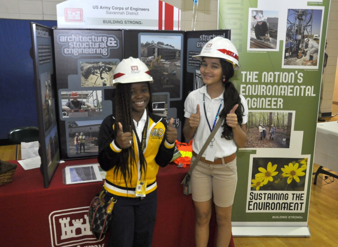 MIDWAY, Ga. – Members of the U.S. Army Corps of Engineers Savannah District participated in a STEM Career Expo at Midway Middle School to encourage more than 800 students to pursue careers in Science, Technology, Engineering and Math (STEM). April 22, 2014. Corps team members Reggie Terry and Andre Wright from the Fort Stewart field office talked to kids about jobs available in the Corps of Engineers. 