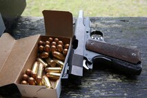 The National Match M1911 .45 caliber service pistol is used during the individual pistol portion of the 2014 Marine Corps Championships from April 14-16 aboard the Weapons Training Battalion ranges at Stone Bay. The individual pistol match is shot at the 25-yard line and 50-yard line, and must be shot one-handed. (U.S. Marine Corps photo by Sgt. Alicia R. Leaders/Released)