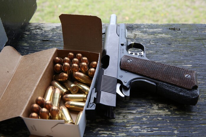 The National Match M1911 .45 caliber service pistol is used during the individual pistol portion of the 2014 Marine Corps Championships from April 14-16 aboard the Weapons Training Battalion ranges at Stone Bay. The individual pistol match is shot at the 25-yard line and 50-yard line, and must be shot one-handed. (U.S. Marine Corps photo by Sgt. Alicia R. Leaders/Released)