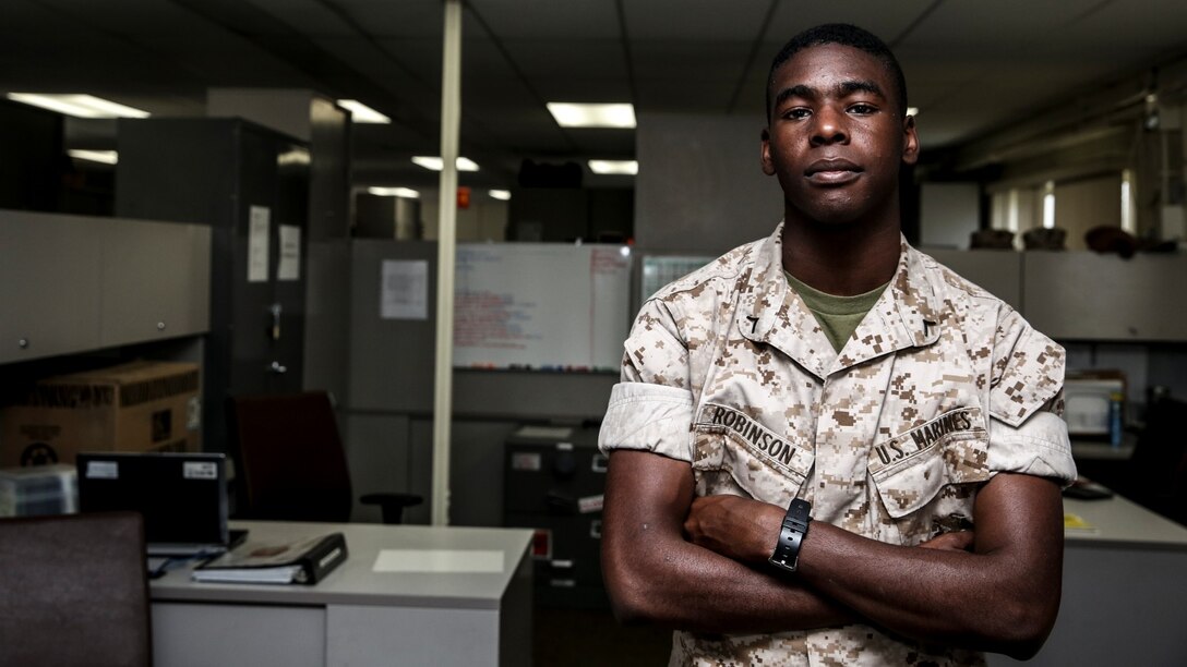Private First Class D’Vonte Robinson, administrative specialist, 15th Marine Expeditionary Unit, poses for a photo aboard Camp Pendleton, Calif., April 13, 2014. Robinson, 18, is from Montgomery, Ala.
